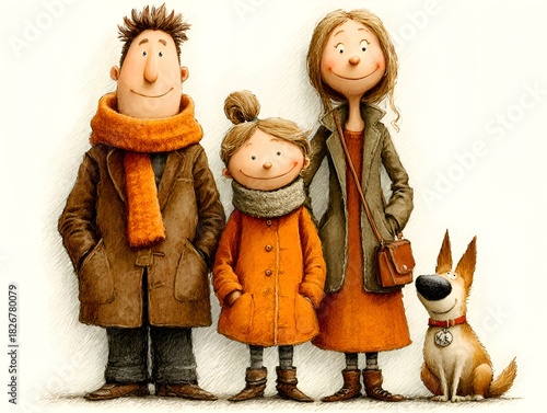Whical illustration of a happy cartoon family posing together with their adorable dog wea a collar and smiling on a white background.