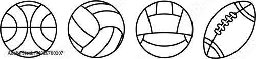 Sports ball icon set, basketball symbol, volleyball graphic, soccer ball design, football outline, black silhouette, vector style, athletic equipment, isolated element, game tool