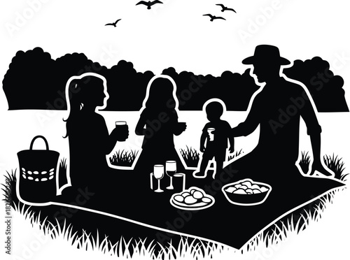 Family picnic silhouette enjoying nature outdoors summer activity happy weekend together vector