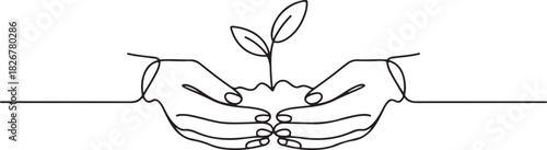 Continuous line drawing shows two hands holding a small sprout in transparent background