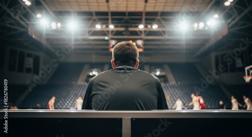 A coach watches a basketball game from the sidelines, observing the players.