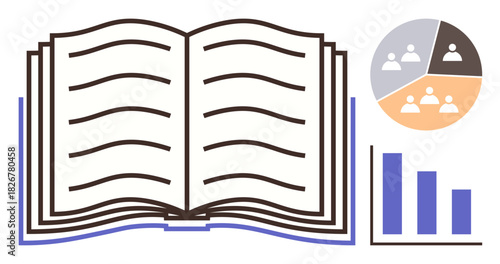 Open book with visible text lines, pie chart with people icons, and bar graph representing learning, research, analysis, data literacy, education, teamwork and academic concepts. A simple flat