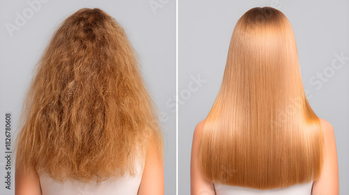 Woman showing before after frizzy hair straightening treatment