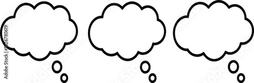 Thought bubble icon set, comic-style thinking clouds, blank speech graphics, vector design, black silhouettes, creative illustration elements