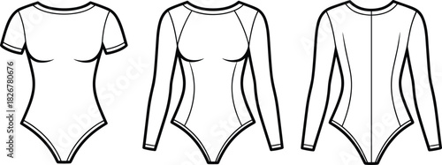 Bodysuit fashion sketch, front view, back view, short sleeve, long sleeve, round neckline, garment 