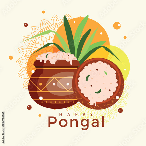 Pongal harvesting celebration banner. Indiana culture tradition. Pot, plant, sun, text. Vector illustration