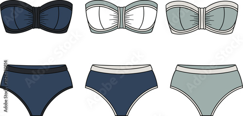 Bikini set illustration, bandeau top, bikini bottom, front view, swimwear design, fashion sketch, color variation, garment template, strapless bikini, waistband detail, 