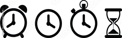 Timekeeping icon set, alarm clock, wall clock, stopwatch symbol, hourglass graphic, black silhouette, vector design, isolated style, time device, measurement tool