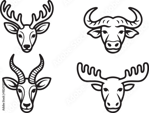Four monochrome animal heads showcase deer, buffalo, antelope, and moose against a transparent background