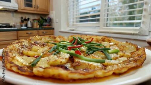Authentic 4K Ultra HD slow motion close up shot of a beautifully prepared typical Spanish potato omelette tortilla resting on a rustic kitchen table inside a brightly lit house