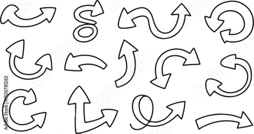 Handdrawn diverse arrows indicate different directions and movement with black outlines on a white canvas