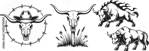 Intricate monochrome bull skull with cowboy hat and barbed wire alongside wild black bull