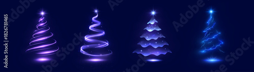 A collection of sparkling Christmas trees with bright swirls of blue and purple light. Festive vector outlines of Christmas trees for cards, banners, and holiday overlays.