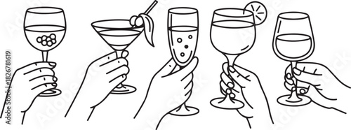 Line art hands hold five different cocktail glasses, a celebratory, minimalist style