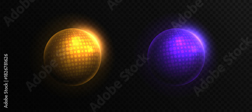 A glowing energy ball with a bright halo on a dark background. Vector magic spheres for elements of magic and sorcery.