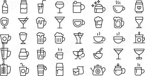 Line art shows assorted beverages like coffee mugs, cocktail glasses, and beer steins with transparent background