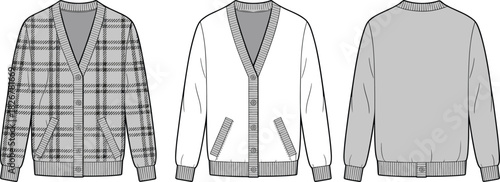Cardigan sweater technical flat, front and back view, V-neck, button-down, plaid pattern, fashion sketch, garment design