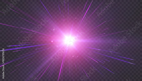 Bright purple light effect with rays and glowing particle stream. Dynamic starburst flash. Vector light effect for design and illustration.