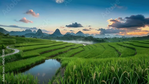 Seamless 4K animated background of lush green rice fields featuring smooth looping time lapse visuals for agricultural nature or virtual landscape stock video projects