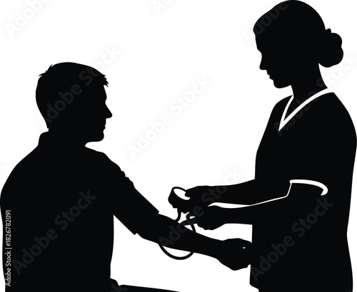 Doctor measuring patient blood pressure silhouette healthcare medical checkup doctor patient interaction vector
