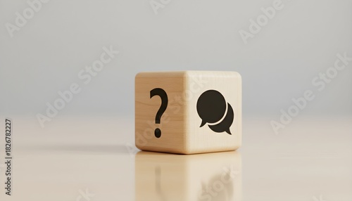 Wooden cube with question mark and speech bubble icons, representing communication and inquiry.