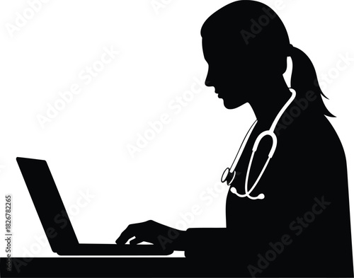 Silhouette of doctor woman working on laptop computer with stethoscope medical technology concept vector