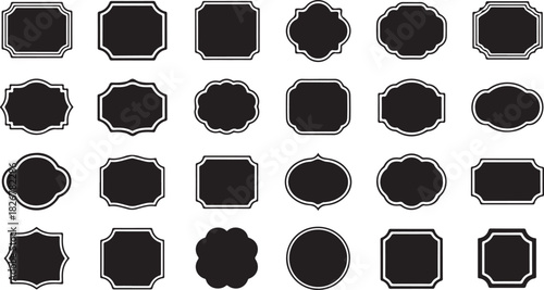 Seamless monochrome background presents an array of decorative black frame shapes with white outline