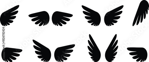 Wing icon set, fantasy silhouettes, bird wings, vector illustration, black graphic, minimal design, mythology theme, character elements