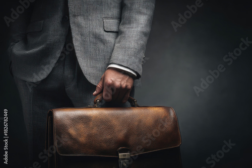 Businessman suit briefcase leather hand grip corporate office finance success confident elegance dark background moody style