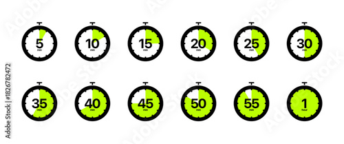Timer and clock vector set showing time intervals from 5 minutes to 1 hour, minimal and modern design with clean numeric displays for UI, apps, dashboards, and digital projects.