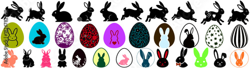 Collection of various easter bunny silhouettes in different colors and styles arranged in rows on white