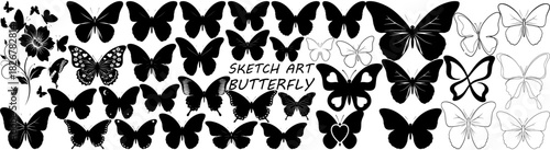 A collection of butterfly illustrations in black and white with varying styles and designs shown