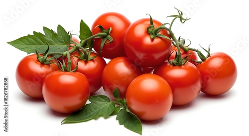 Fresh red roma tomatoes on the vine with green leaves