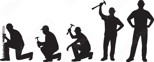 Silhouetted workers with helmets hammer while standing or kneeling showcasing transparent background details perfectly