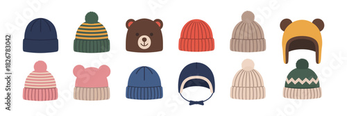 knitted winter caps and beanies, stylish cold weather accessories illustration,
