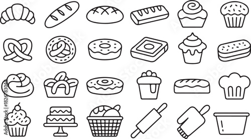 Simple outline drawings display a wide variety of delicious bakery items in one place