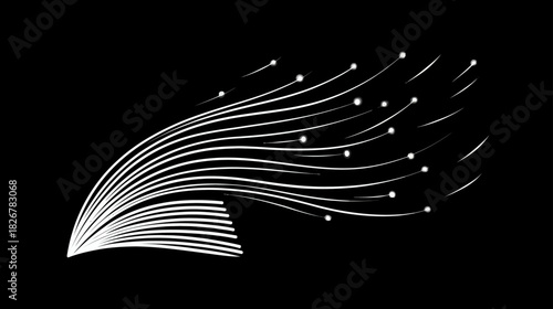 Dynamic abstract data flow background with white lines and dots on black, symbolizing technology, digital communication, speed, and connectivity.