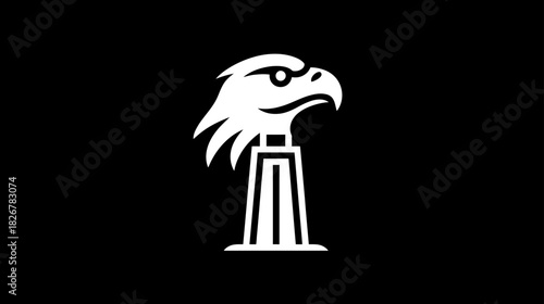 Stylized white eagle head icon on black background, powerful bird of prey symbol on a pedestal, vector illustration