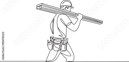 Single line art shows construction worker with hardhat carrying lumber on his shoulder