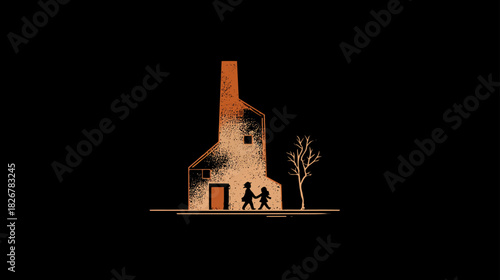 Stylized illustration of two small figures holding hands walking past a dilapidated industrial building and bare tree against a dark background.