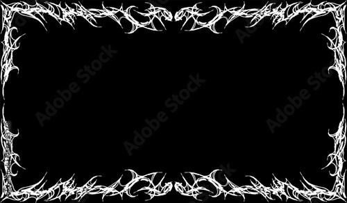 White neo-tribal ornamental frame with sharp thorn patterns forming a symmetrical decorative border on a black background