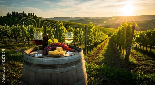 Beautiful tuscan countryside at sunset with grape plantation sun setting over rolling hills two glasses of beverage and bottle on rustic wooden barrel with food
