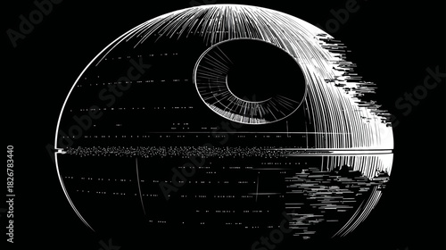 Monochrome illustration of a colossal spherical space station with a large concave dish, orbiting weapon concept in sci-fi style.