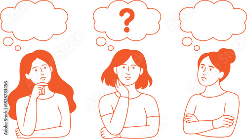 Three thoughtful gingerhaired women contemplate options, with one facing a question, depicted on a transparent background