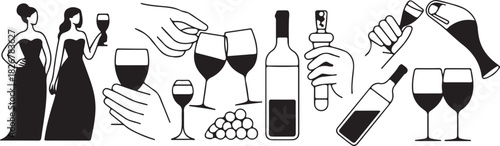 Two women in formal dresses are celebrating with wine glasses and bottles