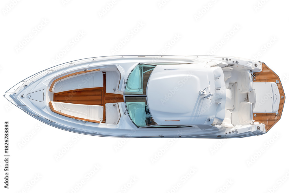 Obraz premium Top down view of a luxury white powerboat with wooden deck, isolated on background