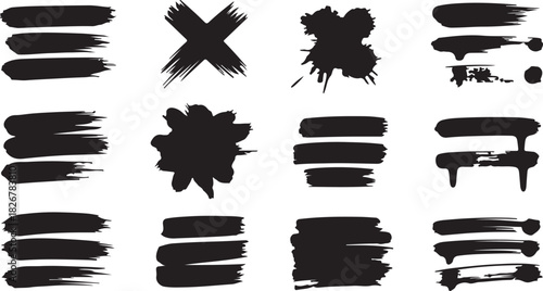 Various black paint shapes showcase artistic expressions on a clean white background, transparent