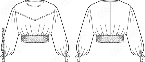 Long-sleeved blouse with gathered waist and puff sleeves – front and back technical views