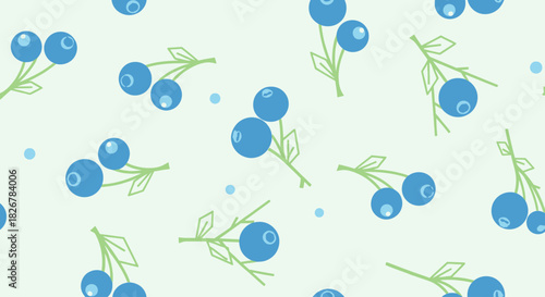 Seamless blueberry pattern illustration with fresh blue berries on a light green background.