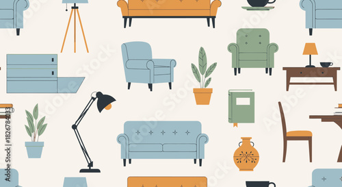 Seamless pattern with various modern home furniture and decor elements